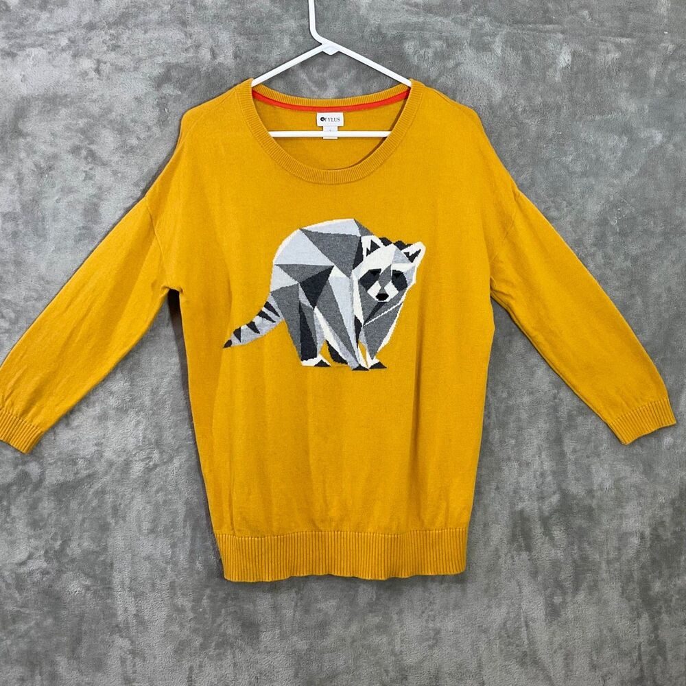 Stylus Sweater Women’s Size Large mustard Modal/wool /+ Blend Geometric Raccoon